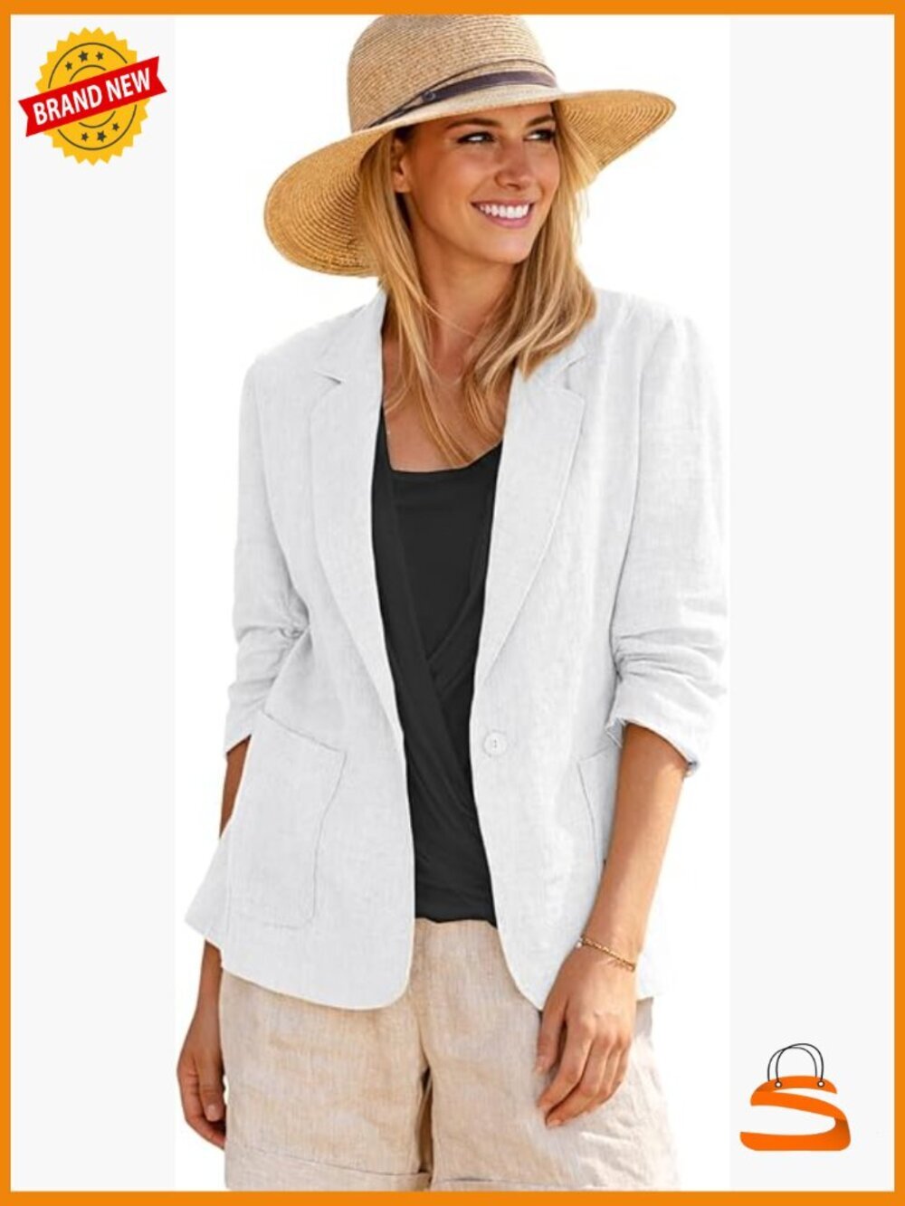 Women's Linen Blend Blazer Jacket - Casual Work Business Blazer - 3/4 Sleeve